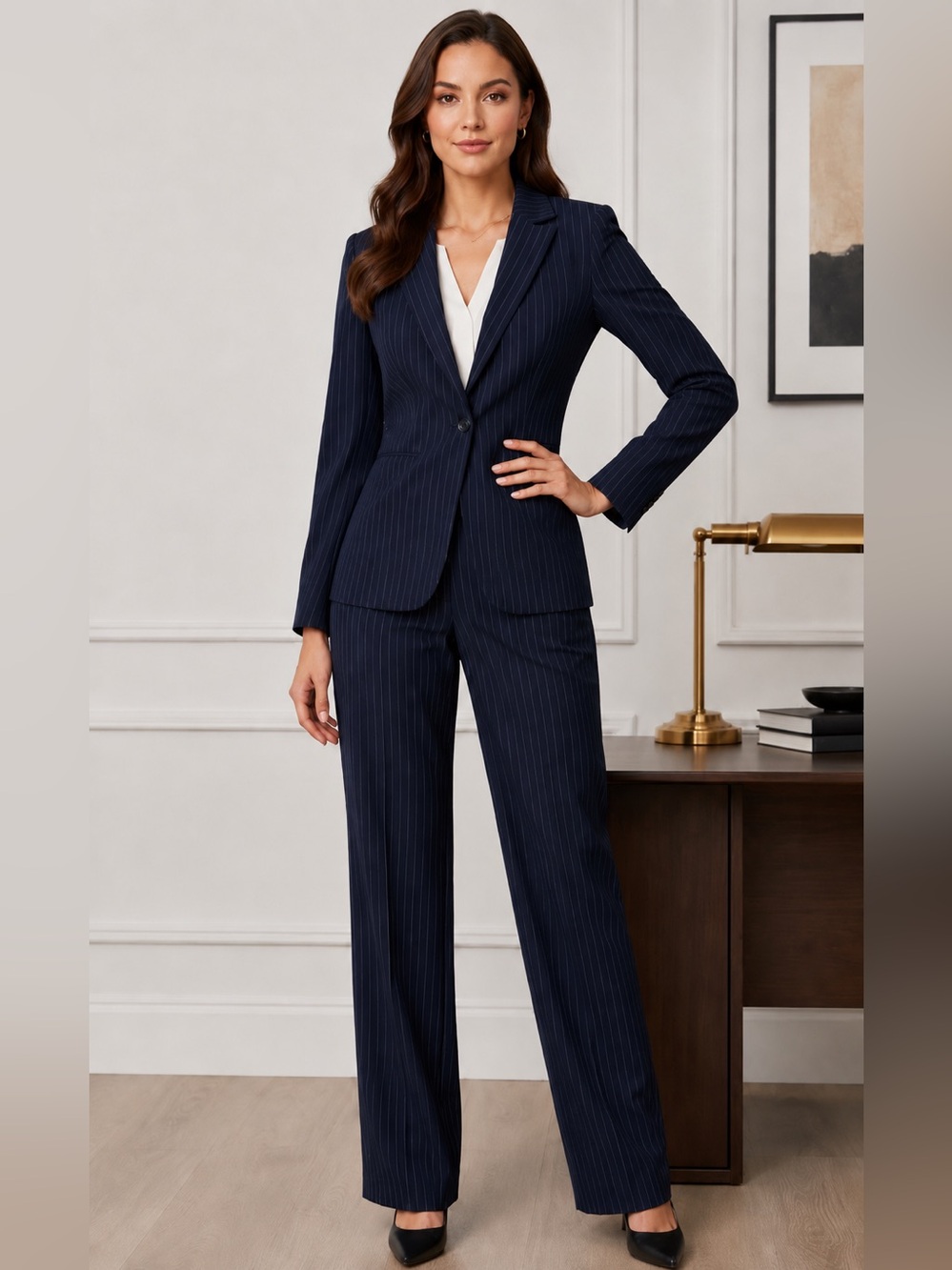 Navy Pinstripe Two-Piece Pantsuit, Alex Marie, Size 10